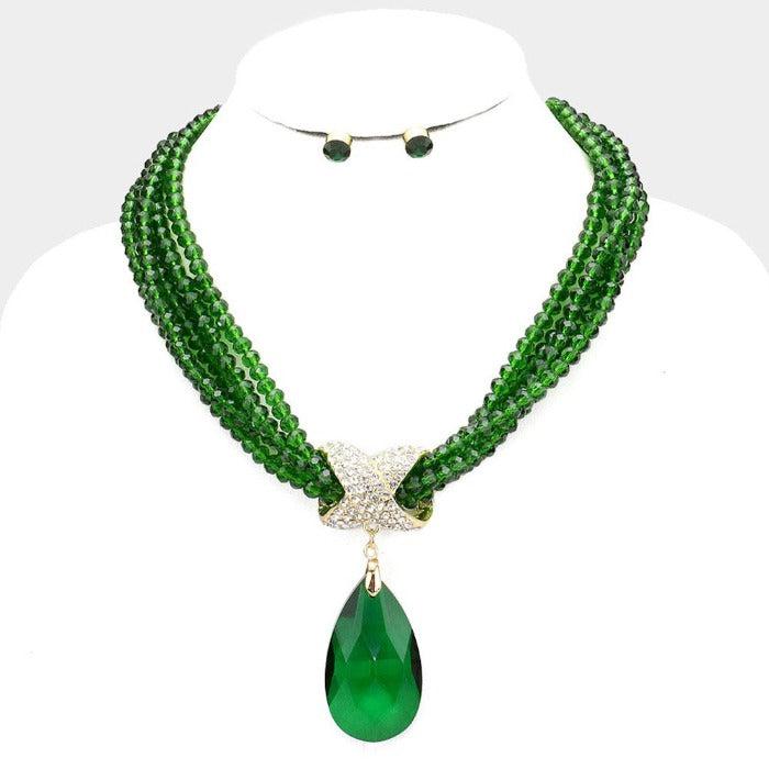 Twisted Beaded Green Crystal Teardrop Ornate Necklace Set
