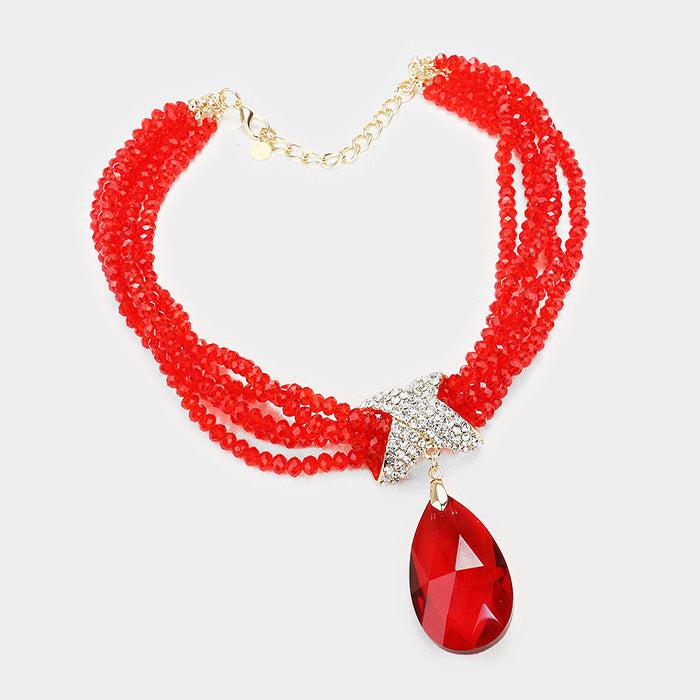 Twisted Beaded Red Crystal Teardrop Ornate Necklace Set