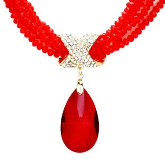 Twisted Beaded Red Crystal Teardrop Ornate Necklace Set