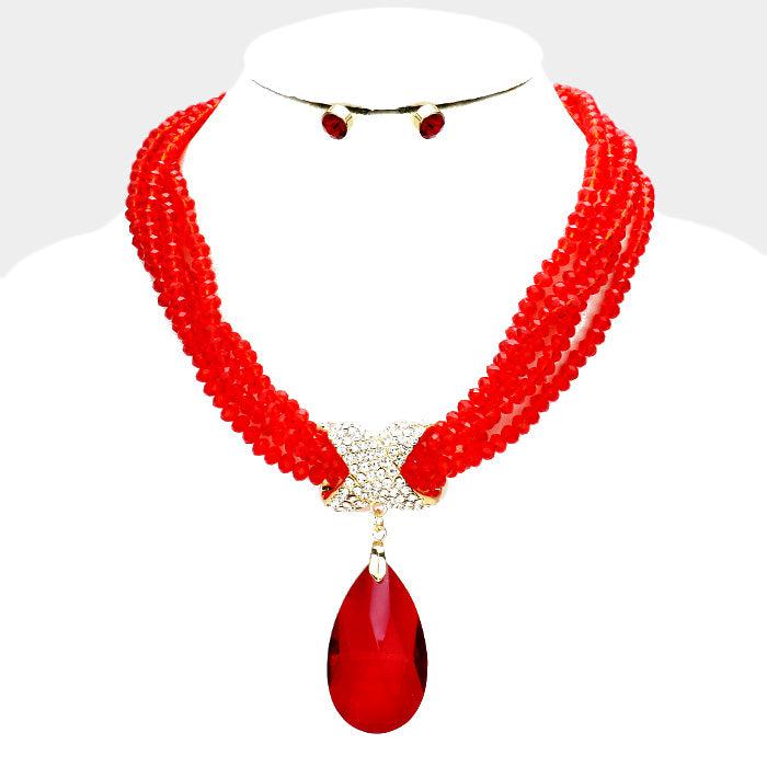 Twisted Beaded Red Crystal Teardrop Ornate Necklace Set