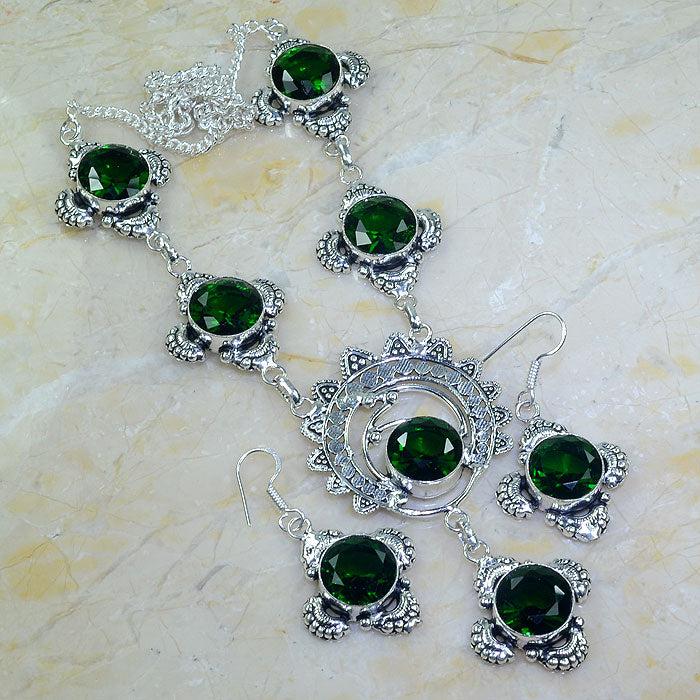 Unique Green Quartz Handmade Silver Plated Necklace & Earrings Set-Necklace-SPARKLE ARMAND