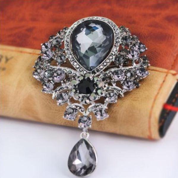 Vintage Black Crystal Teardrop Silver Brooch-Brooch-SPARKLE ARMAND