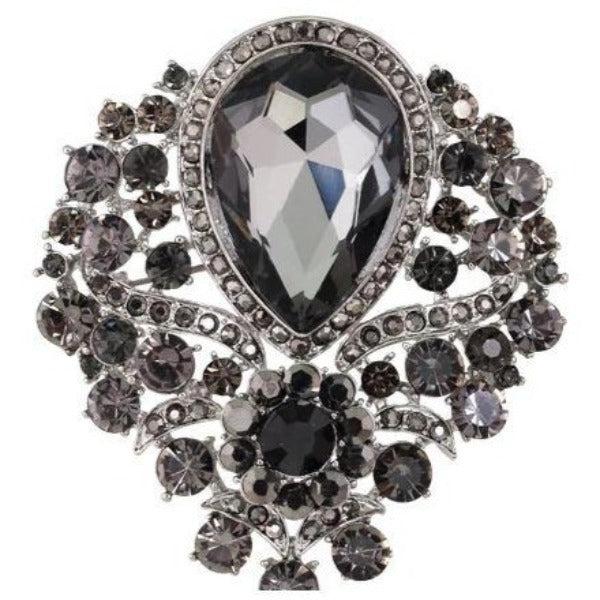 Vintage Black Crystal Teardrop Silver Brooch-Brooch-SPARKLE ARMAND