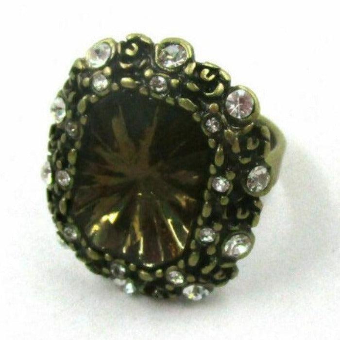 Vintage Brass Rhinestone Adjustable Ring