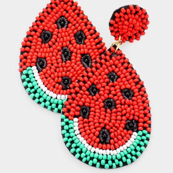 Watermelon Felt Back Seed Beaded Dangle Earrings