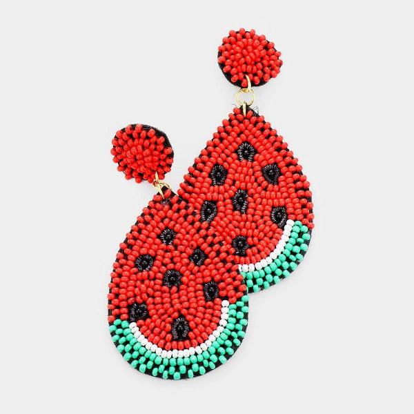 Watermelon Felt Back Seed Beaded Dangle Earrings