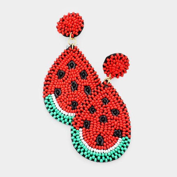 Watermelon Felt Back Seed Beaded Dangle Earrings