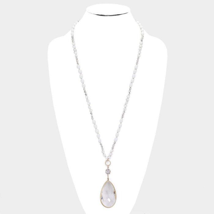 Multi Beaded Teardrop Stone Pendant Long Necklace