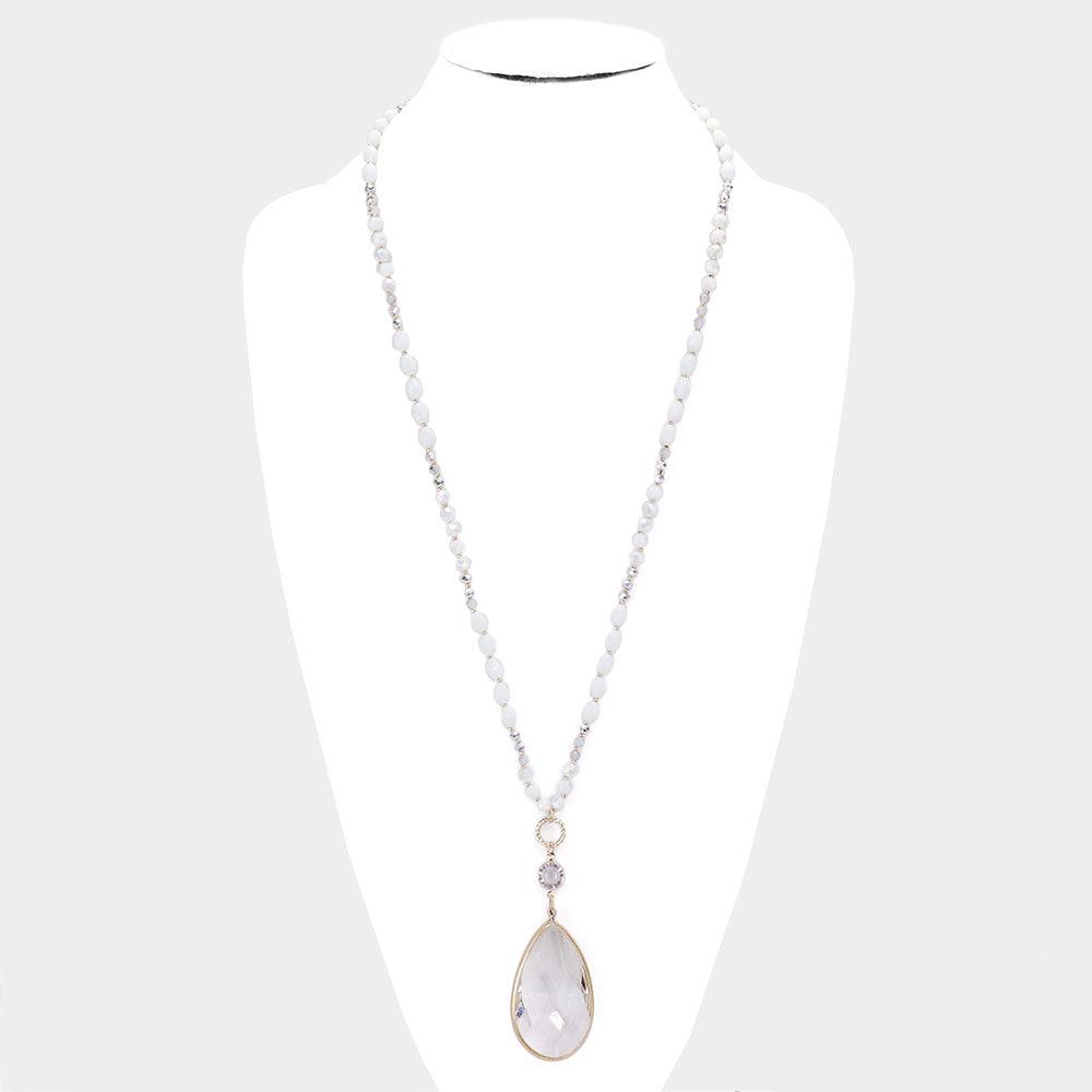 White Multi Beaded Teardrop Stone Pendant Long Necklace-Necklace-SPARKLE ARMAND