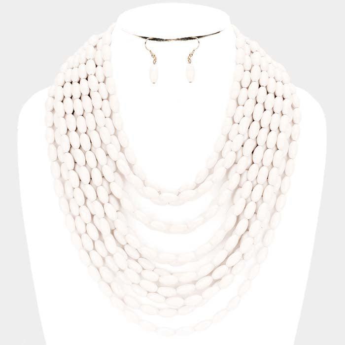White Multi Strand Oval Resin Bead Necklace Set