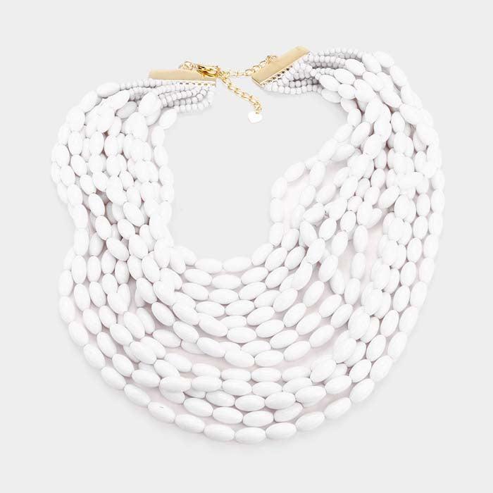 White Multi Strand Oval Resin Bead Necklace Set