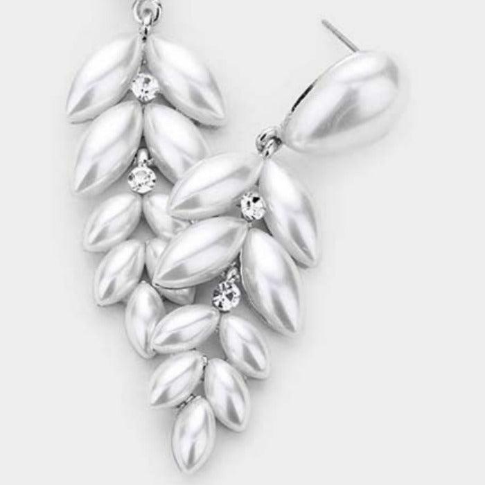 White Pearl Teardrop Marquise Drop Evening Earrings