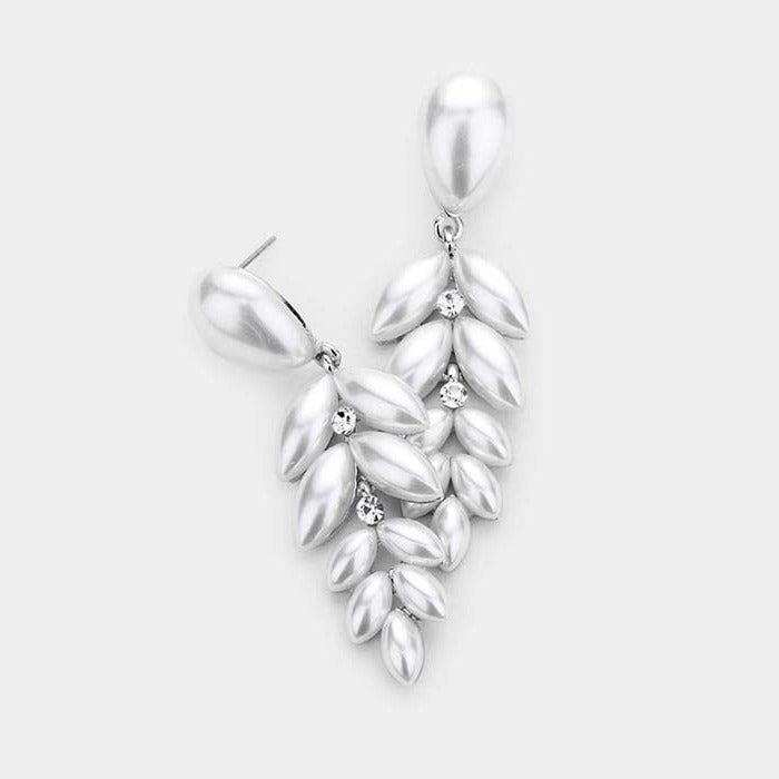White Pearl Teardrop Marquise Drop Evening Earrings