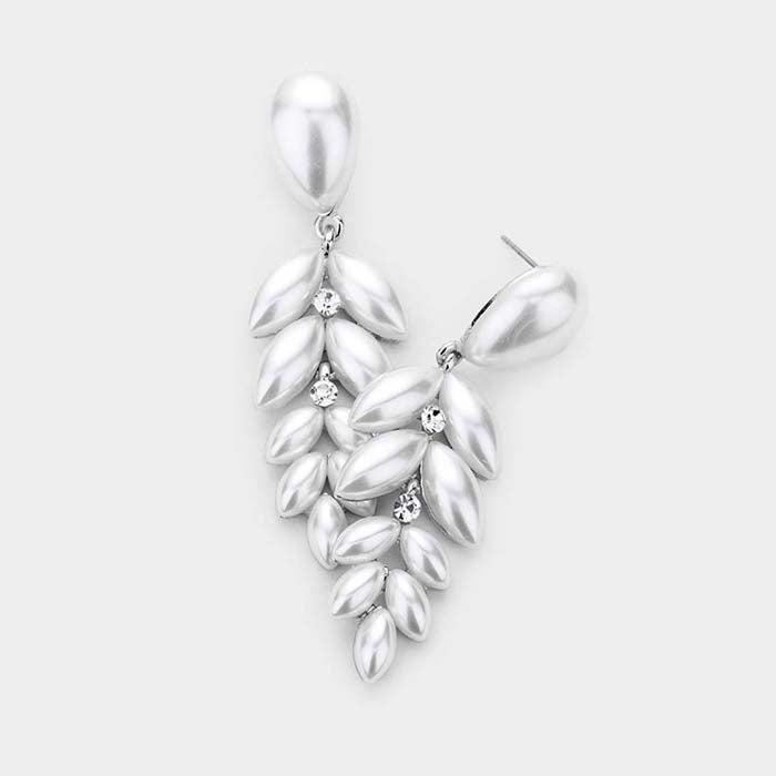 White Pearl Teardrop Marquise Drop Evening Earrings
