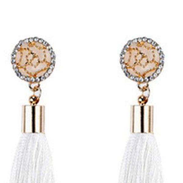 White Tassel Fringe Rhinestone Earrings-Earring-SPARKLE ARMAND