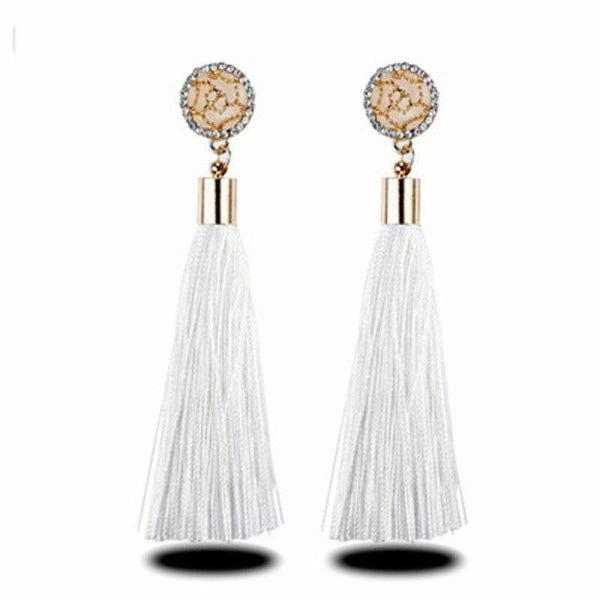 White Tassel Fringe Rhinestone Earrings-Earring-SPARKLE ARMAND
