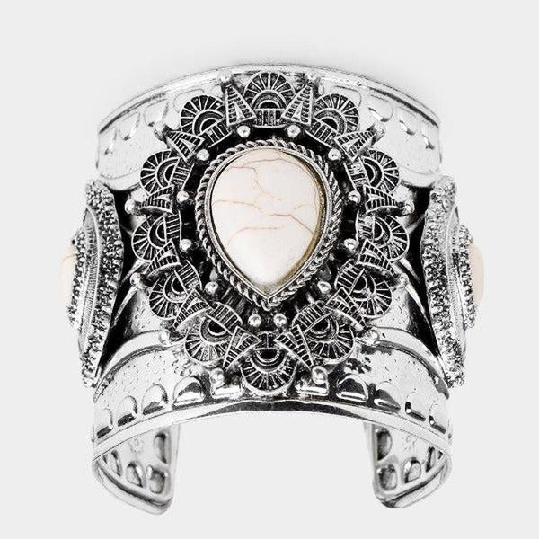 White Teardrop Howlite Western Cuff Silver Bracelet