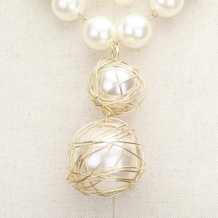 Wire Wrapped Double Pearl Link Pendant Layered Necklace Set