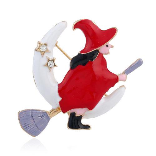 Witch Flying Over Moon Brooch Pin