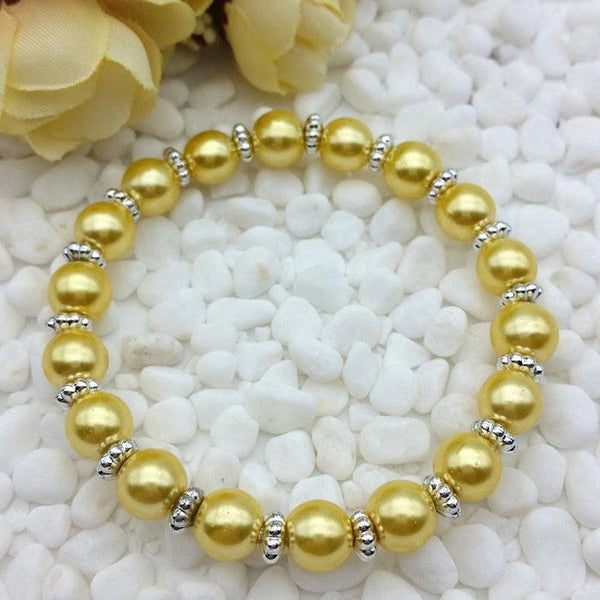 Yellow Colored 8mm Faux Pearl Beads Stretch Bracelet