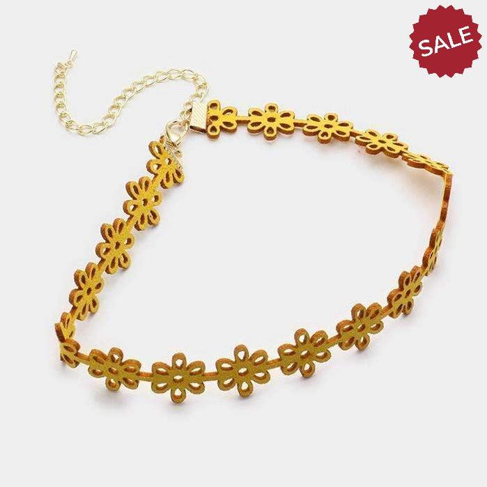Yellow & Gold Flower Cut-Out Suede Choker Necklace-Necklace-SPARKLE ARMAND