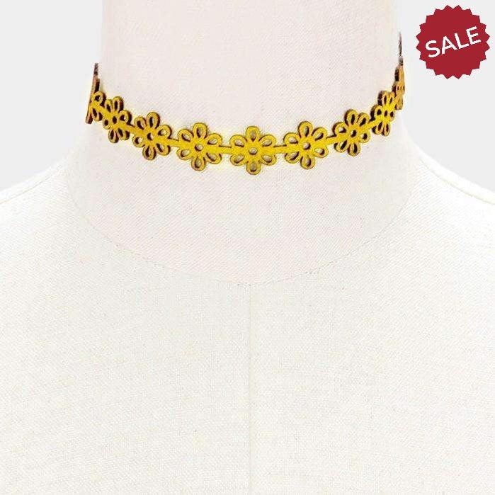 Yellow & Gold Flower Cut-Out Suede Choker Necklace-Necklace-SPARKLE ARMAND