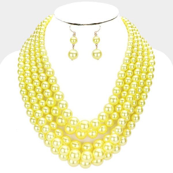  5 Strand Yellow Pearl (faux) Necklace & Earring Set by core