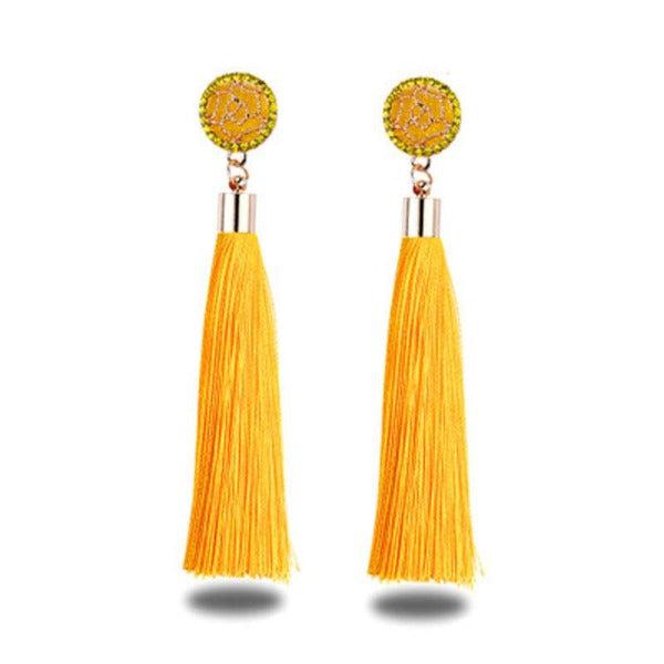 Yellow Tassel Fringe Rhinestone Earrings-Earring-SPARKLE ARMAND