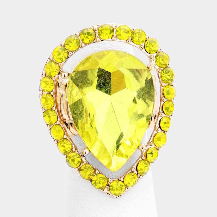 Yellow Teardrop Crystal Pave Rhinestone Stretch Ring