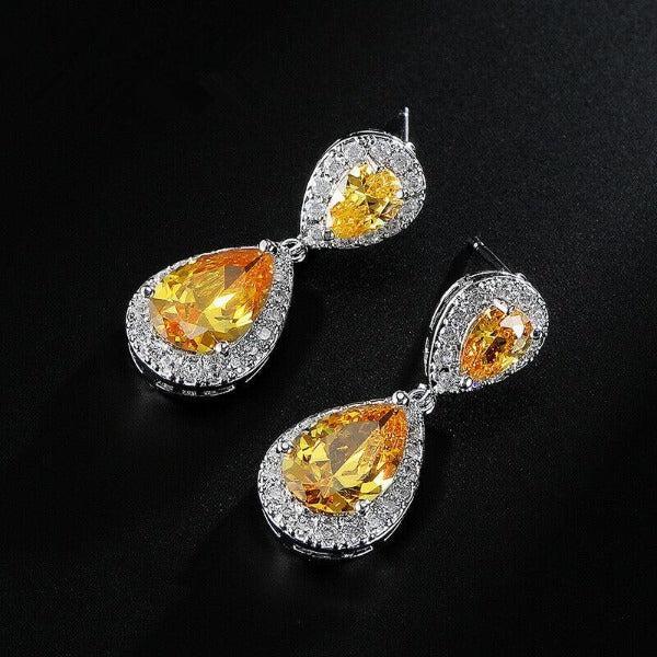 Yellow & White Crystal Rhinestone Silver Dangle Earrings-Earring-SPARKLE ARMAND