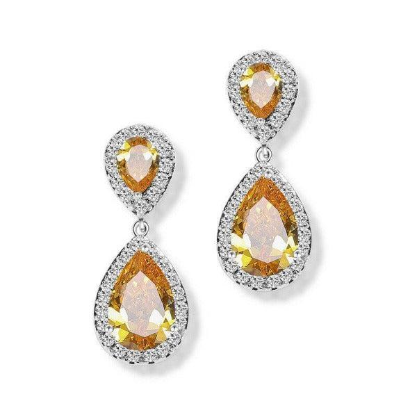 Yellow & White Crystal Rhinestone Silver Dangle Earrings-Earring-SPARKLE ARMAND