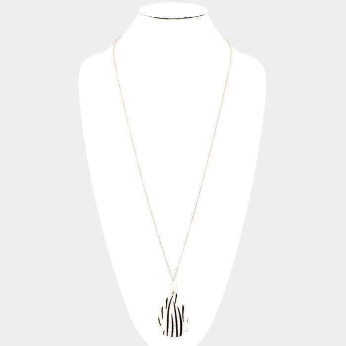 Zebra Patterned Teardrop Pendant Long Gold Necklace