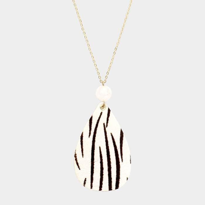 Zebra Patterned Teardrop Pendant Long Gold Necklace