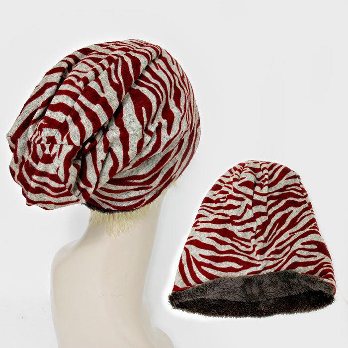 Zebra Print Red Fleece Lined Snood Beanie Hat-Hat-SPARKLE ARMAND