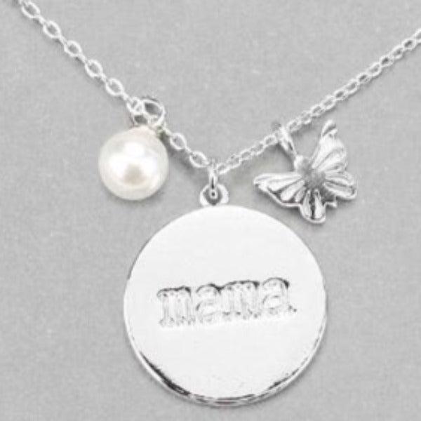 mama Silver Disc Butterfly Pearl Necklace-Necklace-SPARKLE ARMAND